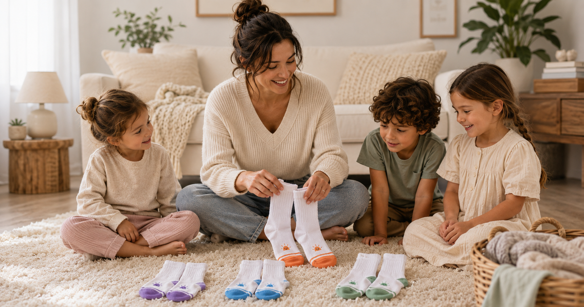 A woman and two children sit on a fluffy cream rug in a bright living room, looking at and handling several pairs of colorful socks laid out in front of them. The socks include white, purple, blue, green, and orange colors.

